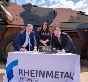 Supacat Managing Director Asia Pacific - Michael Halloran, Managing Director of Rheinmetall Defence Australia - Mr Gary Stewart and Minister for Defence Industry - Hon Melissa Price signing a certificate recognising our contribution to the delivery of the first BOXER Combat Reconnaissance Vehicle to the Commonwealth of Australia.